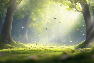 Wall Mural - sunlight filters through forest canopy. lush green forest floor