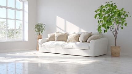 Poster - Bright Minimalist Living Room with White Sofa Pillows and Plants Interior Design Home Decor Sunlight Window