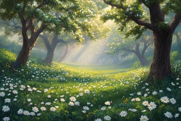 Wall Mural - sunlight streams through a meadow of daisies. lush trees line the path