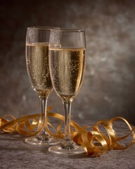 Poster - Two glasses of champagne toast celebration with golden ribbon on table in studio shot for festive occasion