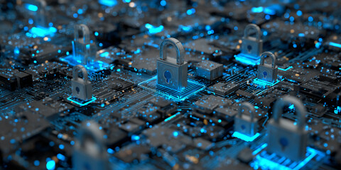 Poster - numerous padlocks on illuminated circuit board, symbolizing digital security and data protection, id