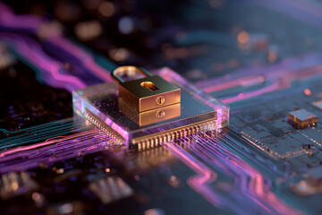 Fototapete - Golden padlock on a glowing circuit board, showcasing digital security and protection, symbolizes data safety and technological advancement