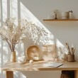 © Shehroo Time - Desk Scene with Bamboo Decor and Sunlit Dried Blooms