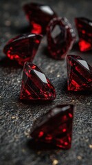 Poster - Close-up of faceted red gemstones on textured dark surface, studio shot, macro photography, precious stones, jewelry design