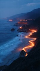 Poster - Coastal Highway Light Trails at Night Dramatic Aerial View of Winding Road Along Pacific Ocean Shoreline in California USA