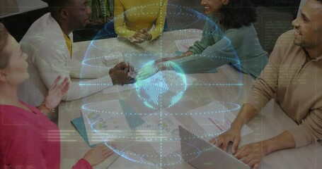 Poster - Office team exploring global data in business meeting, showing holographic globe and charts