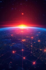 Poster - Earth from space at sunrise with global network connections and city lights in a vertical view