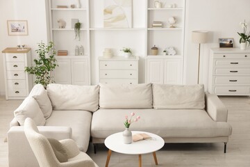 Poster - Comfortable sofa, armchair and side table in living room