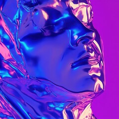 Poster - Metallic face sculpture in vibrant neon light close up abstract art concept studio shot
