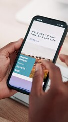 Aufkleber - Person, hands and browsing website with phone screen for holiday getaway, vacation or trip. Closeup, customer or user scrolling with mobile smartphone display for online booking, coupon or travel app