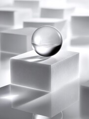 Poster - Glass Sphere on White Cube - A clear glass sphere rests atop a pristine white cube, set against a backdrop of blurred white cubes. Clean, minimalist design