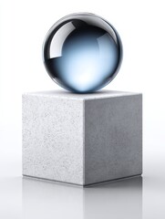 Poster - Glass Sphere on Concrete Cube - A perfect glass sphere rests atop a simple concrete cube against a white background. Clean, minimalist design