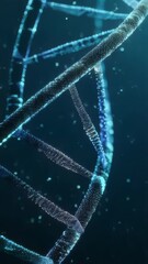 Poster - Abstract 3D visualization of a glowing DNA double helix structure, representing biotechnology and genetic science on a futuristic blue background