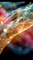 Poster - Vibrant digital filaments intertwined with glowing dots, resembling stylized organic neural pathways in a vivid abstract space