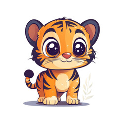 Poster - Adorable Cartoon Tiger Cub with Big Eyes Standing on White Background
