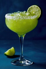 Poster - Refreshing margarita cocktail with lime garnish and salt rim on dark blue background studio shot