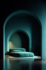 Poster - Minimalist bedroom interior with teal arches and bed low angle modern design concept home decor