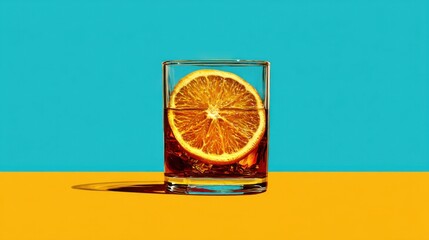 Poster - Orange Slice in Glass with Liquid on Yellow Surface Against Blue Background Still Life Studio Shot