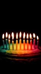 Poster - Rainbow Birthday Cake with Lit Candles Celebration Close Up on Black Background Party Time Joy