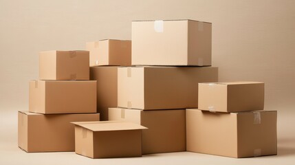 Aufkleber - Stack of various sized cardboard boxes on beige background.
