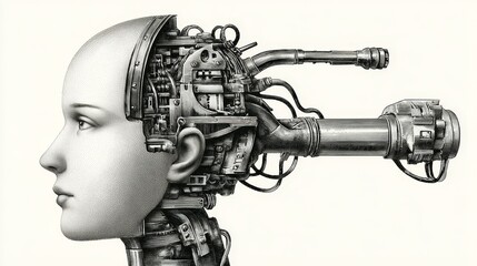 Poster - Mechanical Mind: A Study in Synthetic Consciousness - A grayscale illustration depicting a human head with exposed mechanical inner workings, symbolizing artificial intelligence