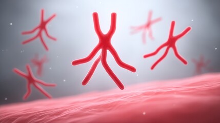 Poster - Microscopic Cellular Structures - Detailed 3D  of microscopic cellular structures, possibly bacteria or similar organisms, floating above a pink surface