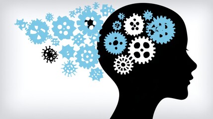 Poster - mind gears: cognitive process and innovation - abstract illustration of a head with gears, symbolizi