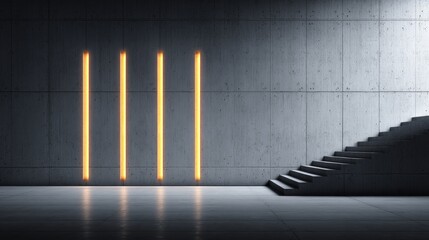 Poster - Modern Concrete Interior with Illuminated Panels - Sleek minimalist architecture featuring a concrete wall, illuminated vertical panels, and a modern staircase