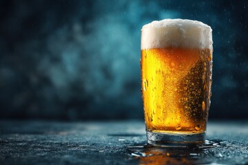 Poster - Refreshing glass of golden beer with thick foam, condensation drops and dark background, perfect for a hot summer day, representing celebration and good times with friends.