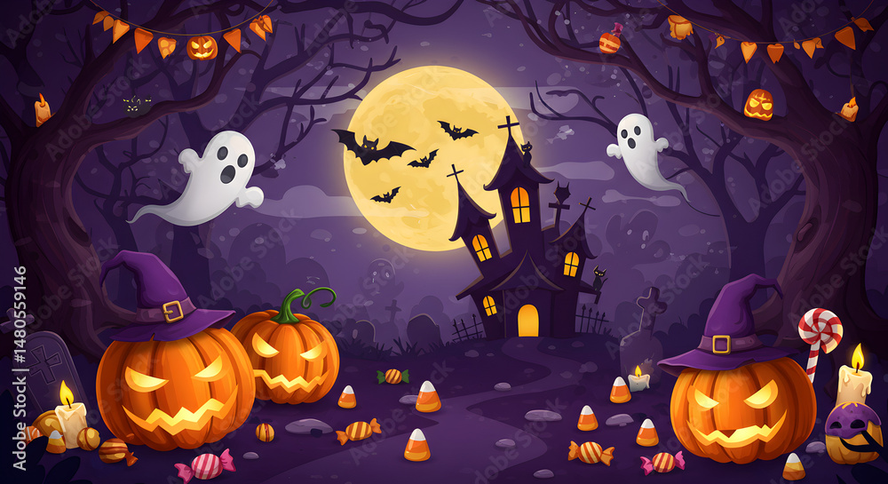 Spooky November Spooky Halloween Night Scene: Free Image Stock Illustration | Adobe Stock