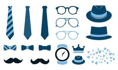 father’s day vector illustration elements set – silhouette of bow tie, mustache, hat, crown, watch, 