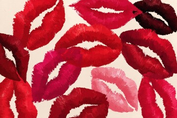 Poster - A vibrant painting featuring multiple lip prints in varying shades of red and pink, with visible brushstrokes creating a textured, artistic, and sensual feel.