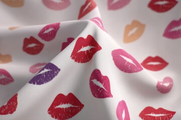 Poster - Close-up of a patterned fabric with a variety of lipstick kiss marks on it, with colors ranging from pink to red and purple, on a folded white fabric surface.