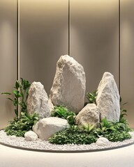 Poster - Serene rock garden installation with lush greenery and minimalist design aesthetic in interior space