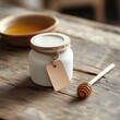 © Shehroo Time - White Wooden Tabletop with Kraft Tag Honey Jar and Dipper