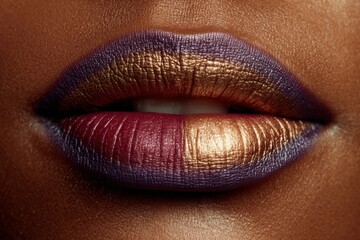 Poster - A close-up of a woman's lips with creative lipstick art, half gold and half purple, highlighting the intricate details and textures of the makeup application.
