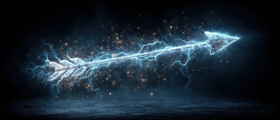Poster - glowing arrow flying through dark space with lightning bolts and sparkles digital art illustration