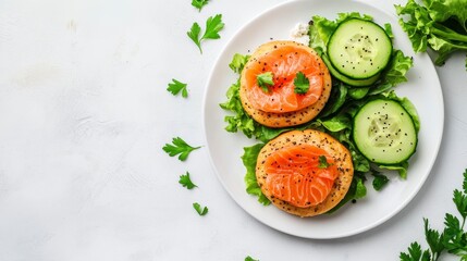 Poster - Two smoked salmon bagels with lettuce and cucumber on a white plate.