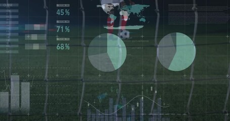 Poster - Male athlete preparing kick at goal net on grass pitch, displaying sports analytics data overlays