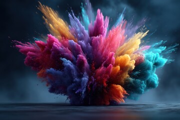 Poster - A vibrant burst of colorful powder explosion against a dark backdrop, showcasing a dynamic mix of hues and textures in a cloud of vibrant energy and motion, a mesmerizing splash.