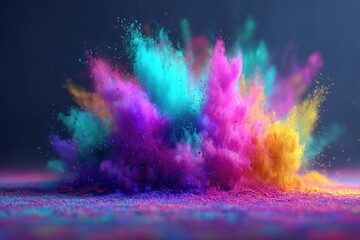 Poster - An abstract vibrant explosion of colorful powder, creating a mesmerizing cloud with blue, yellow, pink, and purple hues, a stunning artistic effect of dynamic energy.