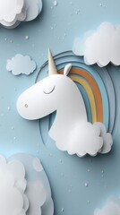 Poster - Whimsical Unicorn Dreamscape Paper Cut Illustration with Rainbow and Clouds on Pastel Blue Background Dreamy and Serene
