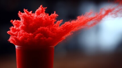 Poster - Red Powder Explosion in Glass - A vibrant red powder explodes from a glass, creating a dynamic and colorful plume. Perfect for abstract, energy, or science concepts