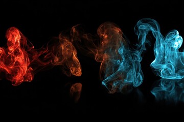 Poster - Abstract Smoke Artistry in Red Orange and Blue Hues on Black Background Studio Shot Detailed Texture