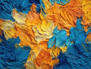 Poster - Abstract Oil Painting Texture Close Up with Vivid Colors of Blue Orange and Yellow in Impasto Style