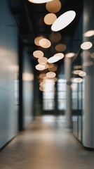 Poster - Abstract Interior View of Modern Office Hallway with Bokeh Lighting and Wood Floor Perspective in Minimalist Style