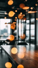 Poster - Abstract Bokeh Lights in Modern Restaurant Interior, Close-up View of Wooden Table Surface with Blurred Background, Warm Tones