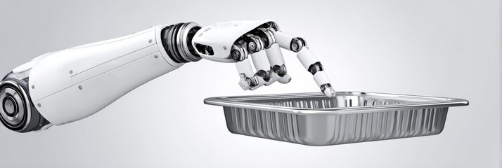 Poster - Robotic Arm Serving Food in Metal Tray - A robotic arm, symbolizing automation, technology, efficiency, future, and service, gently reaches for a metal food tray