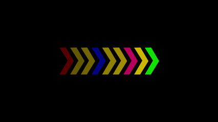 Poster - Colorful chevron arrows pointing right on black background illustrating directional movement and progress in a minimalist style