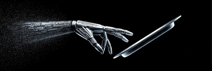 Poster - Robotic Hand Reaching for Metal Tray - A metallic robotic hand, seemingly dissolving into particles, reaches for a sleek metal tray against a black background. This symbolizes technology, automation